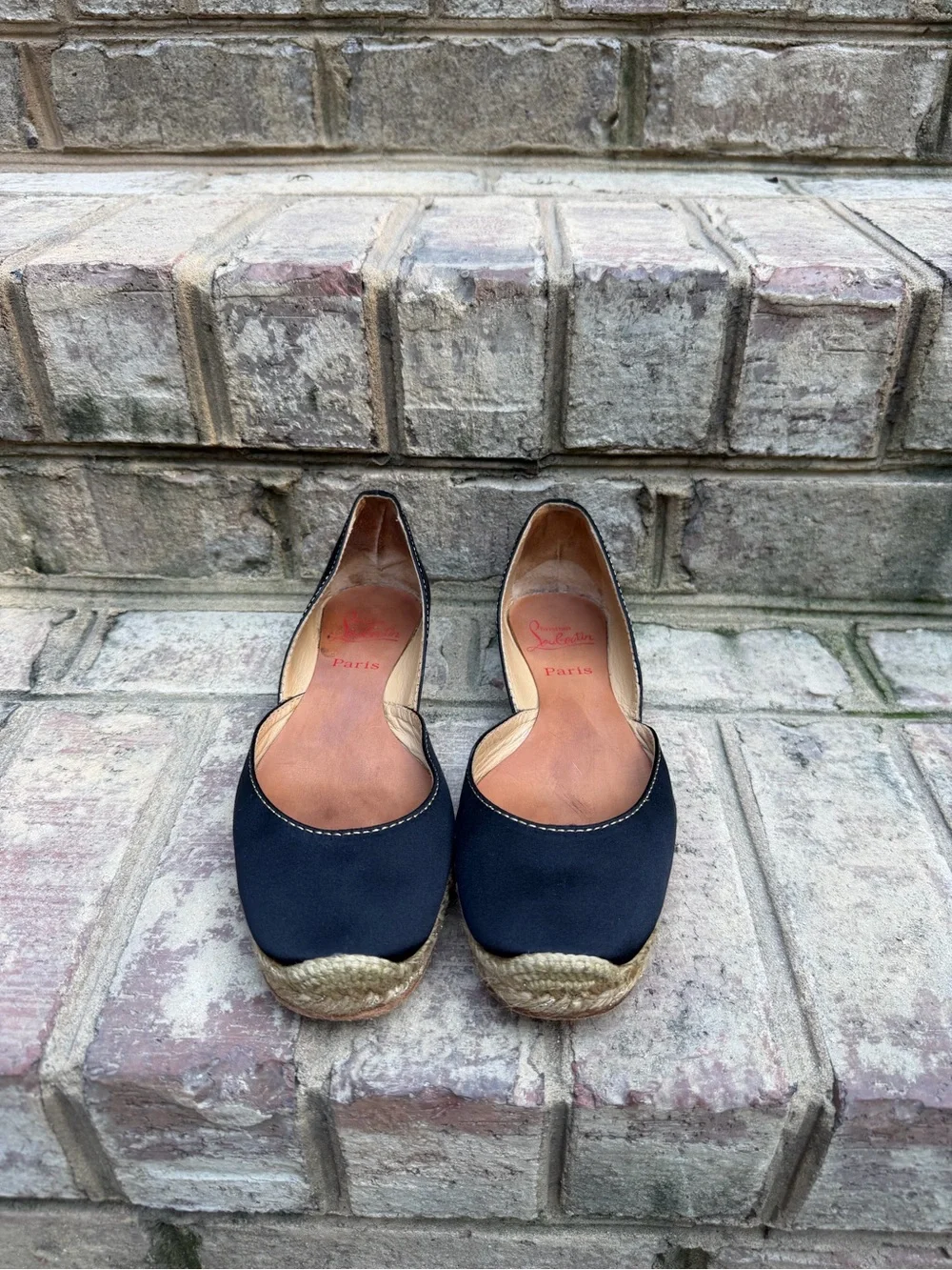 Christian Louboutin Black Satin D’Orsay Espadrille Flats Red Sole US 9 9.5